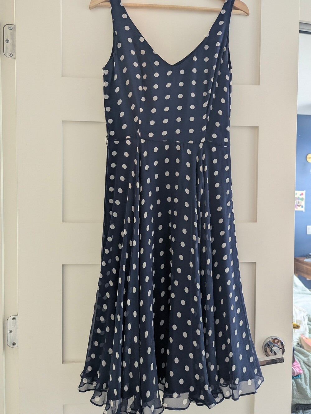 Navy Polka Dot V-Neck Midi Dress
